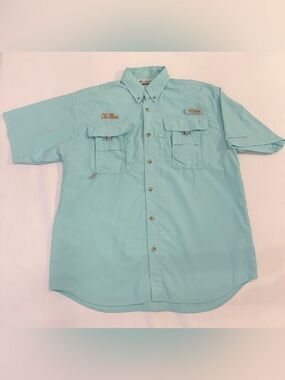 Ole Miss Columbia Omni-Shade Men’s Short Sleeve Fishing Shirt in Ice Blue Aqua
